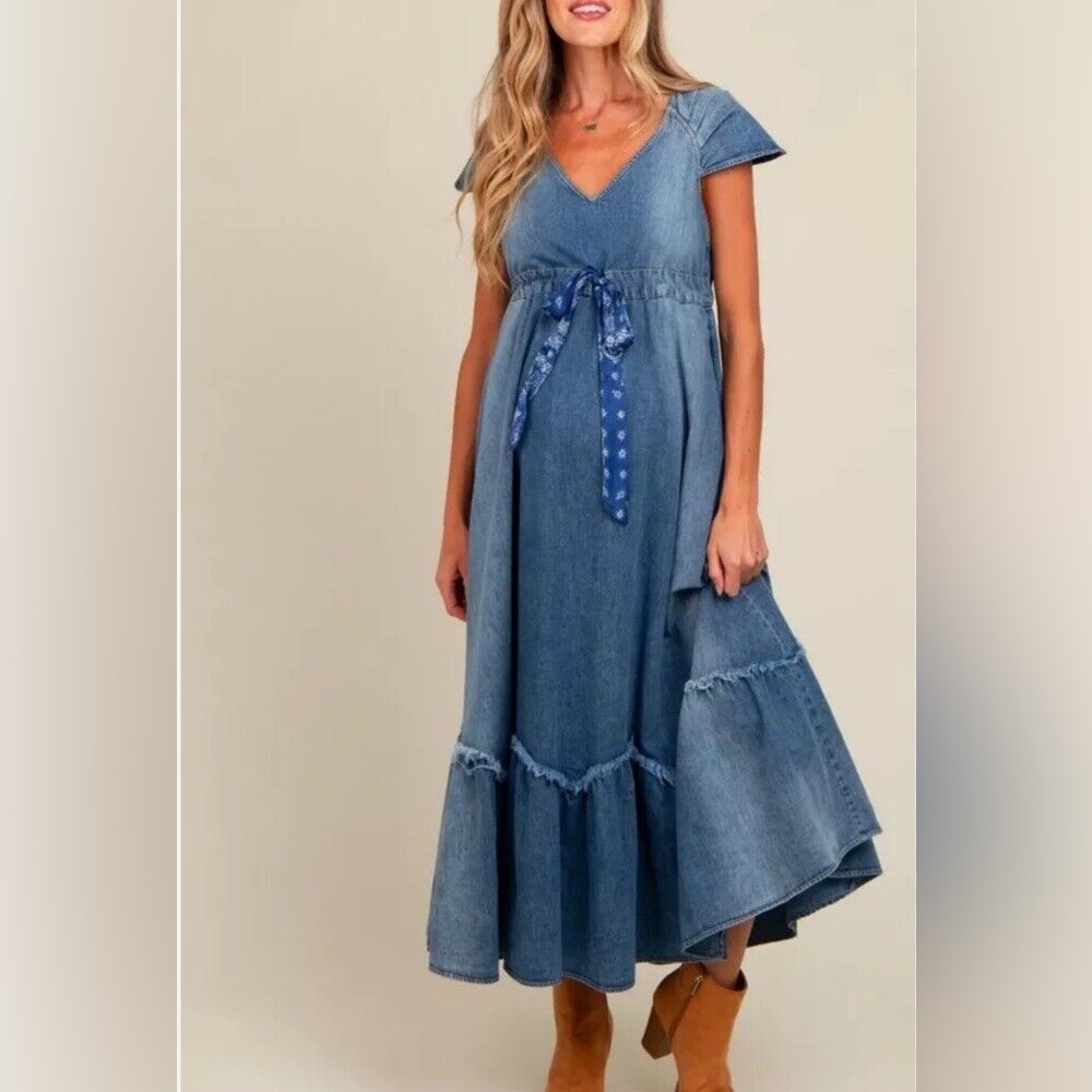 Free People Size 8 New With Tags Blue Denim Maxi Dress